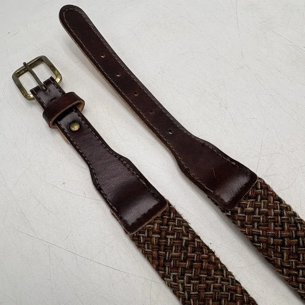 VTG 70s Woven Stretch Belt Sz 40 Brown Tan Leather Trim Boho Preppy USA